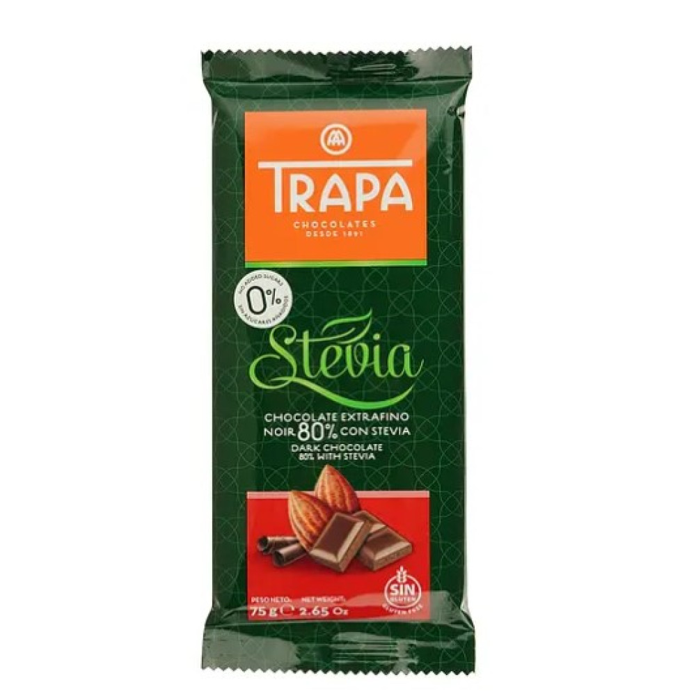  Шоколад без сахара Trapa Stevia Черный 80% 75г