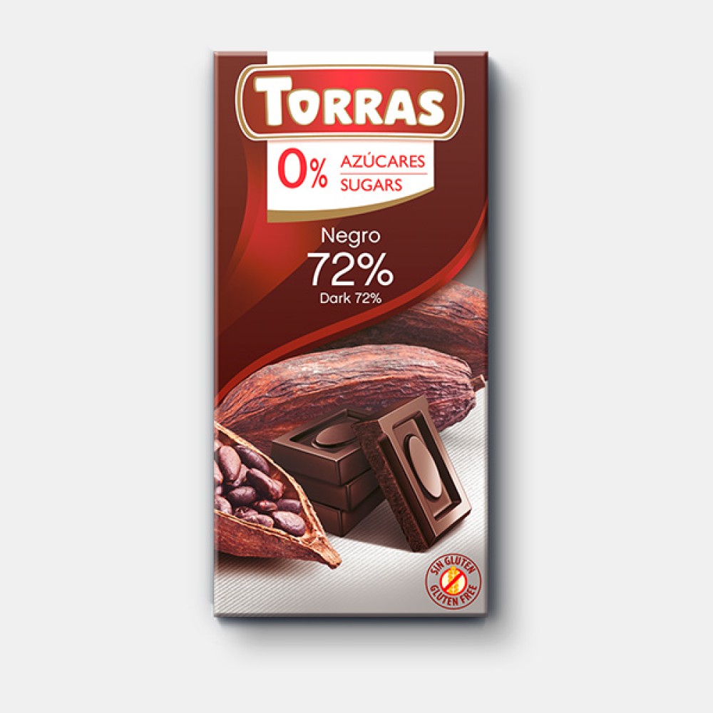 Черный шоколад Torras 72% какао 75 Г без сахара и глютена