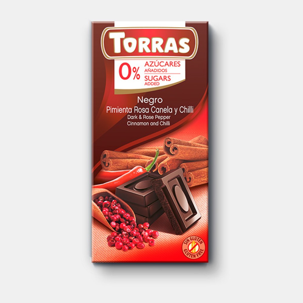Черный шоколад с корицей розовым перцем и перцем чили Torras 75г без сахара и глютена