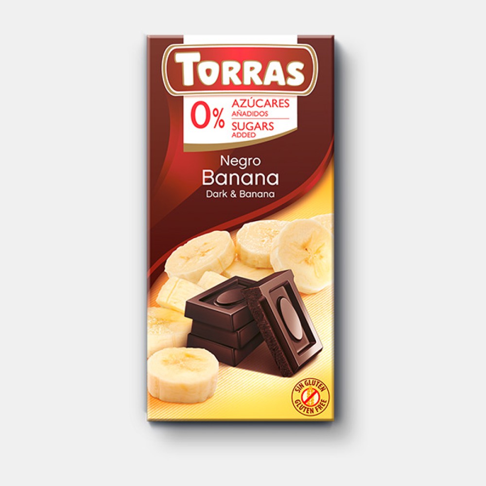 Черный шоколад Torras с банановыми кусочками 75 г без сахара.
