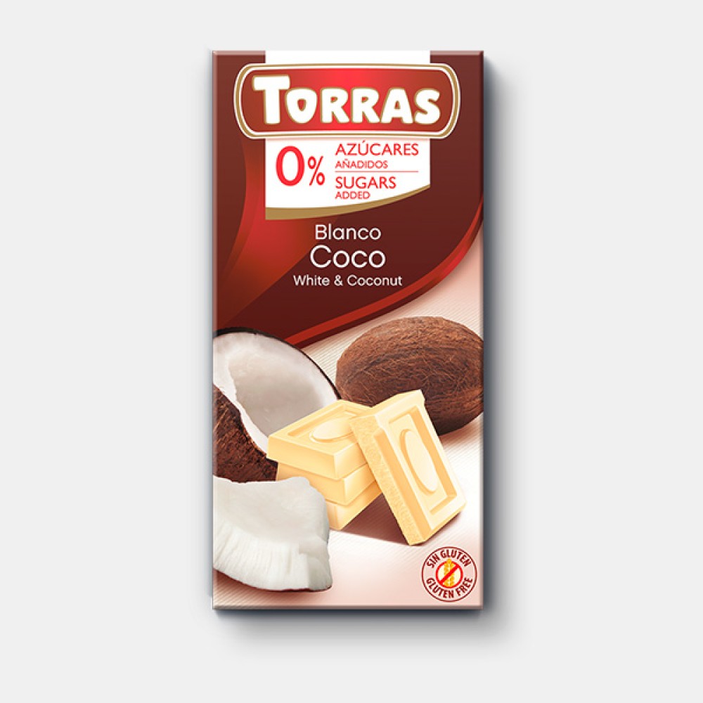 Шоколад белый без сахара, без глютена Torras с кокосом, 75 г
