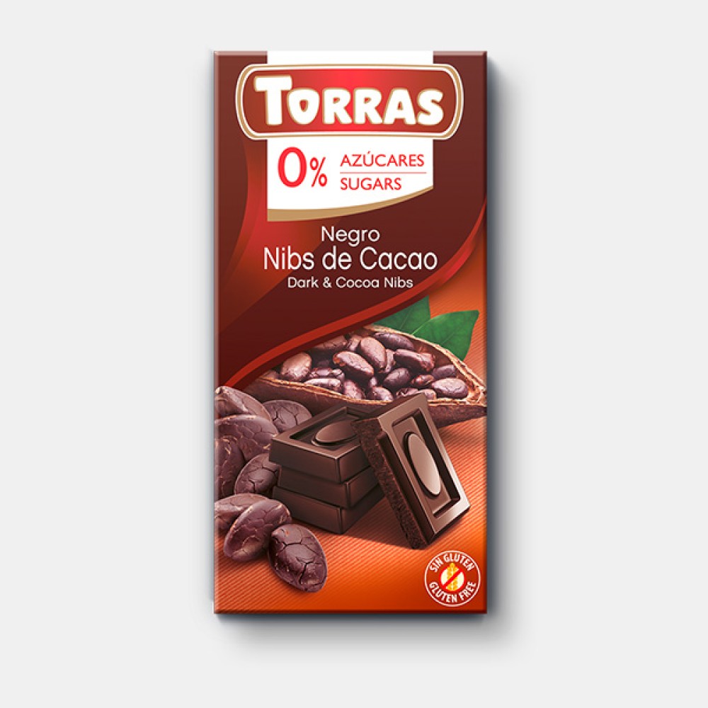 Шоколад черный "Torras" с какао крошками без сахара 75 г